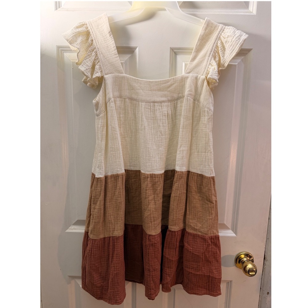 Entro Women Colorblock Cotton Gauze Ruffle Tiered Mini Dress Cream Rust M D16382